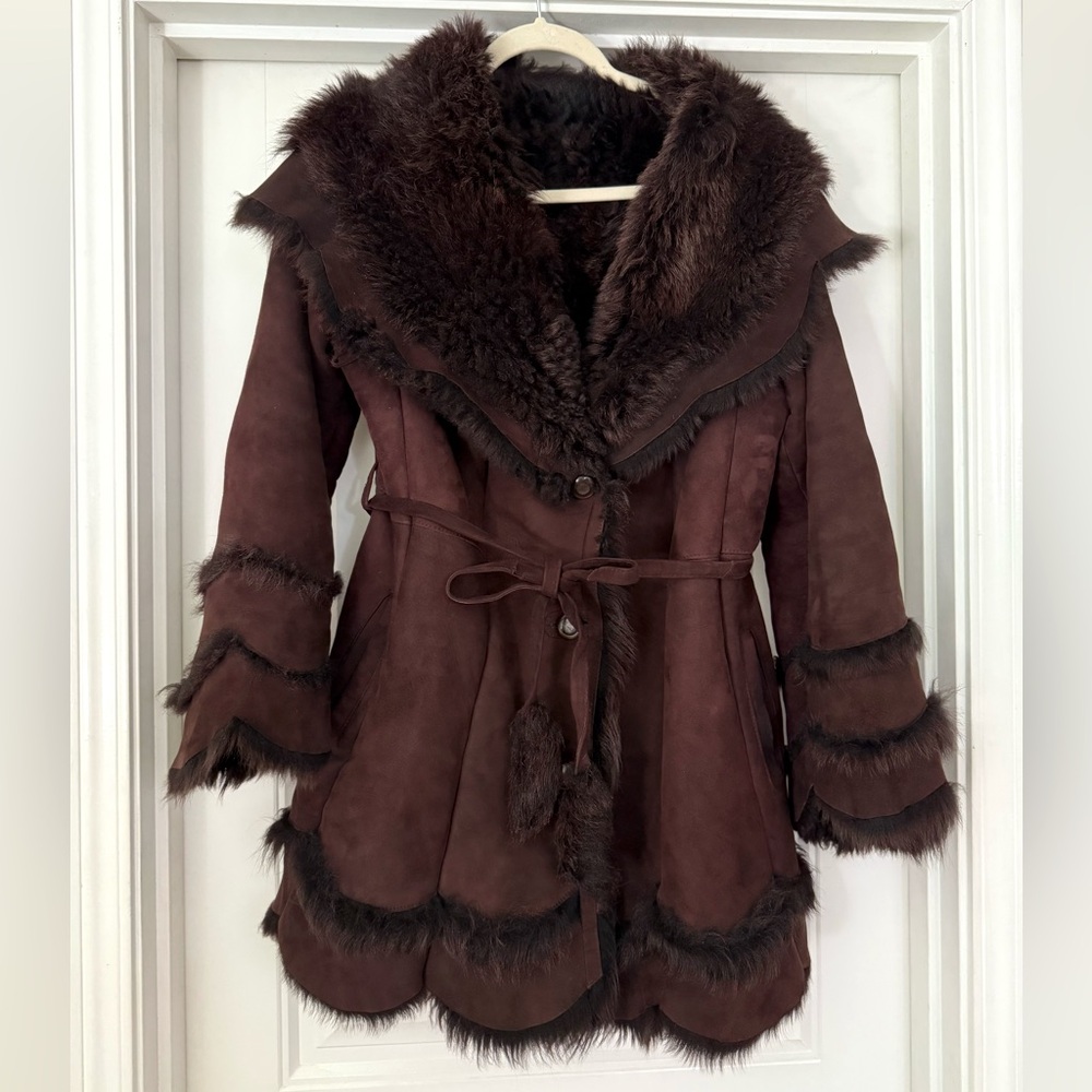 RARE Vintage Suede Shearling HEAVY COAT super warm made in USA Fit & Flare sz L - Picture 3 of 17